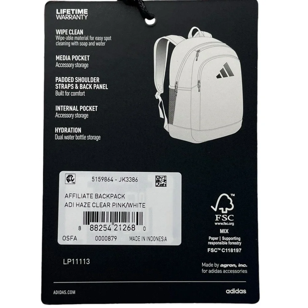 Adidas Girls School Affiliate Backpack  Adi Haze Clear Pink White Medium 18X16X5